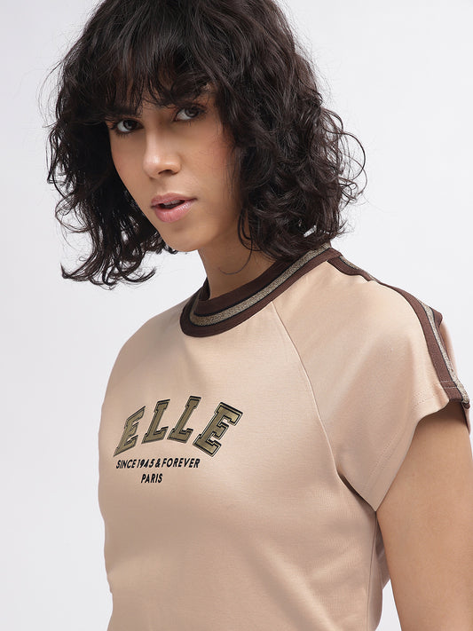Elle Women Beige Solid Round Neck Short Sleeves T-Shirt