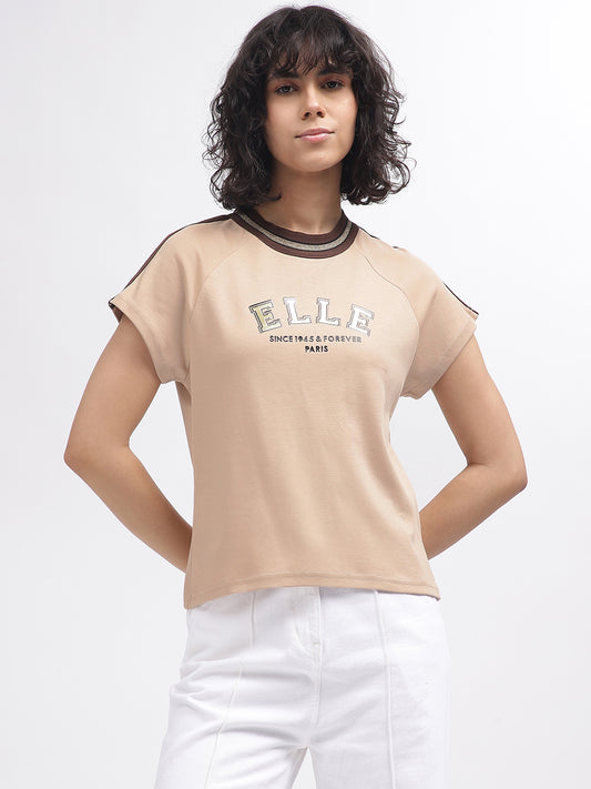 Elle Women Beige Solid Round Neck Short Sleeves T-Shirt