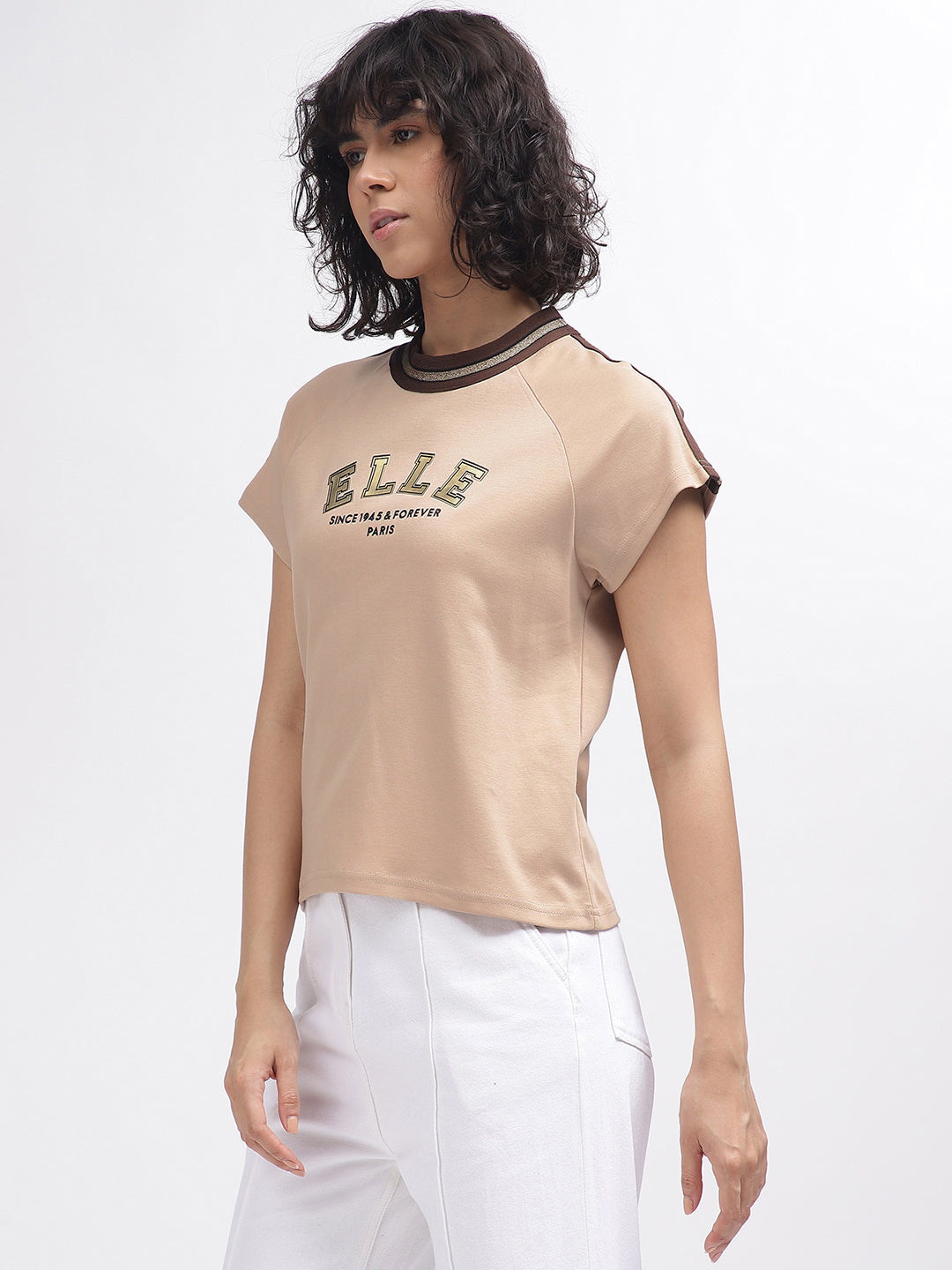 Elle Women Beige Solid Round Neck Short Sleeves T-Shirt