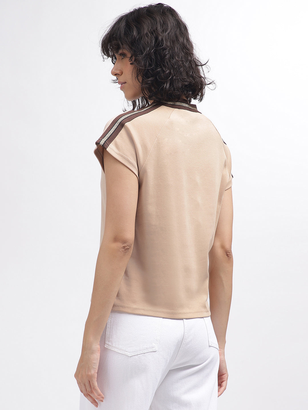 Elle Women Beige Solid Round Neck Short Sleeves T-Shirt