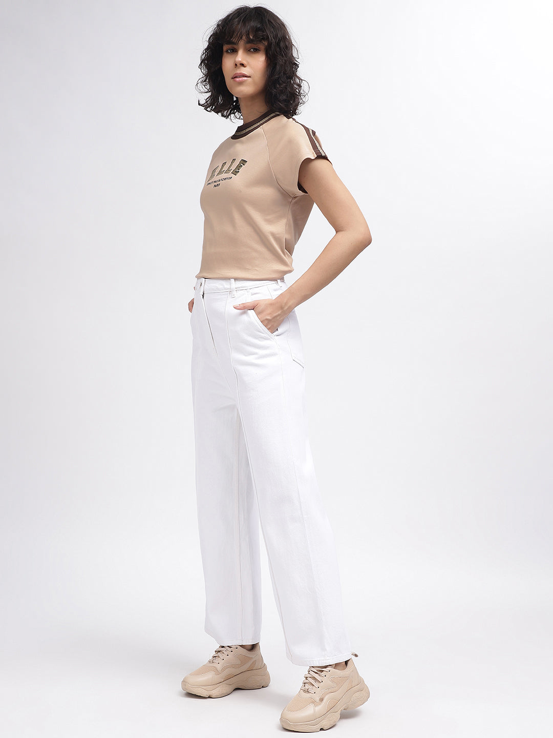 Elle Women Beige Solid Round Neck Short Sleeves T-Shirt