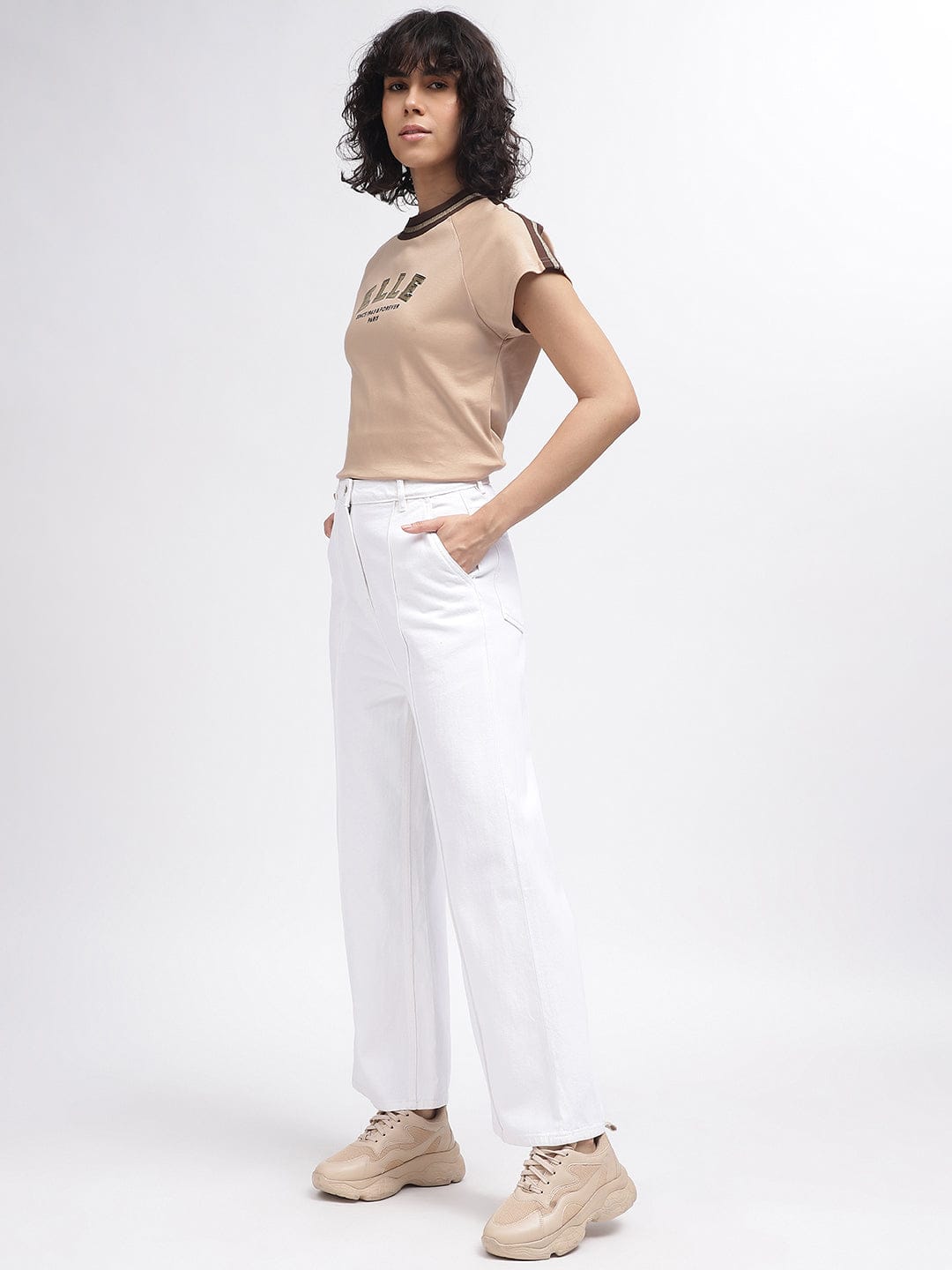 Elle Women Beige Crew Neck Tshirt