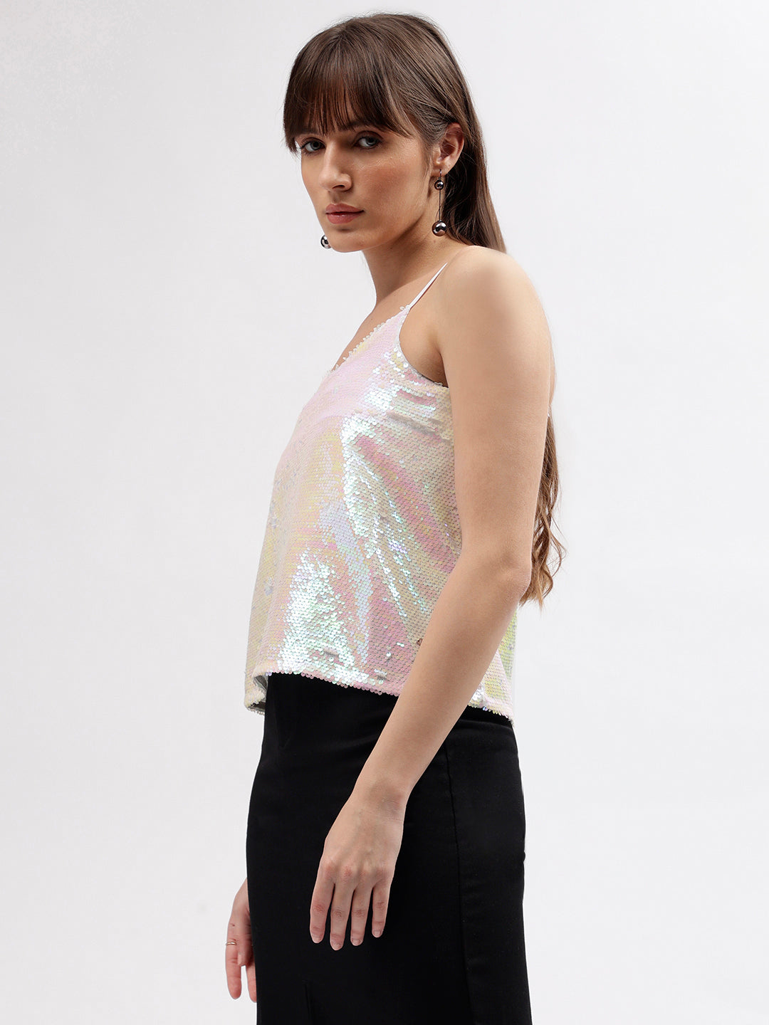 Elle Women Pink Embellished Scoop Neck Shoulder Straps Top