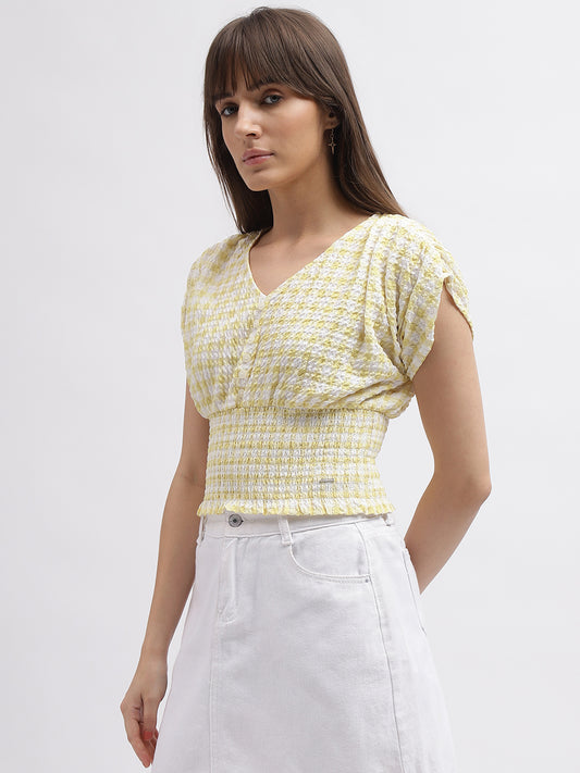 Elle Women Yellow Checked V-Neck Short Sleeves Top