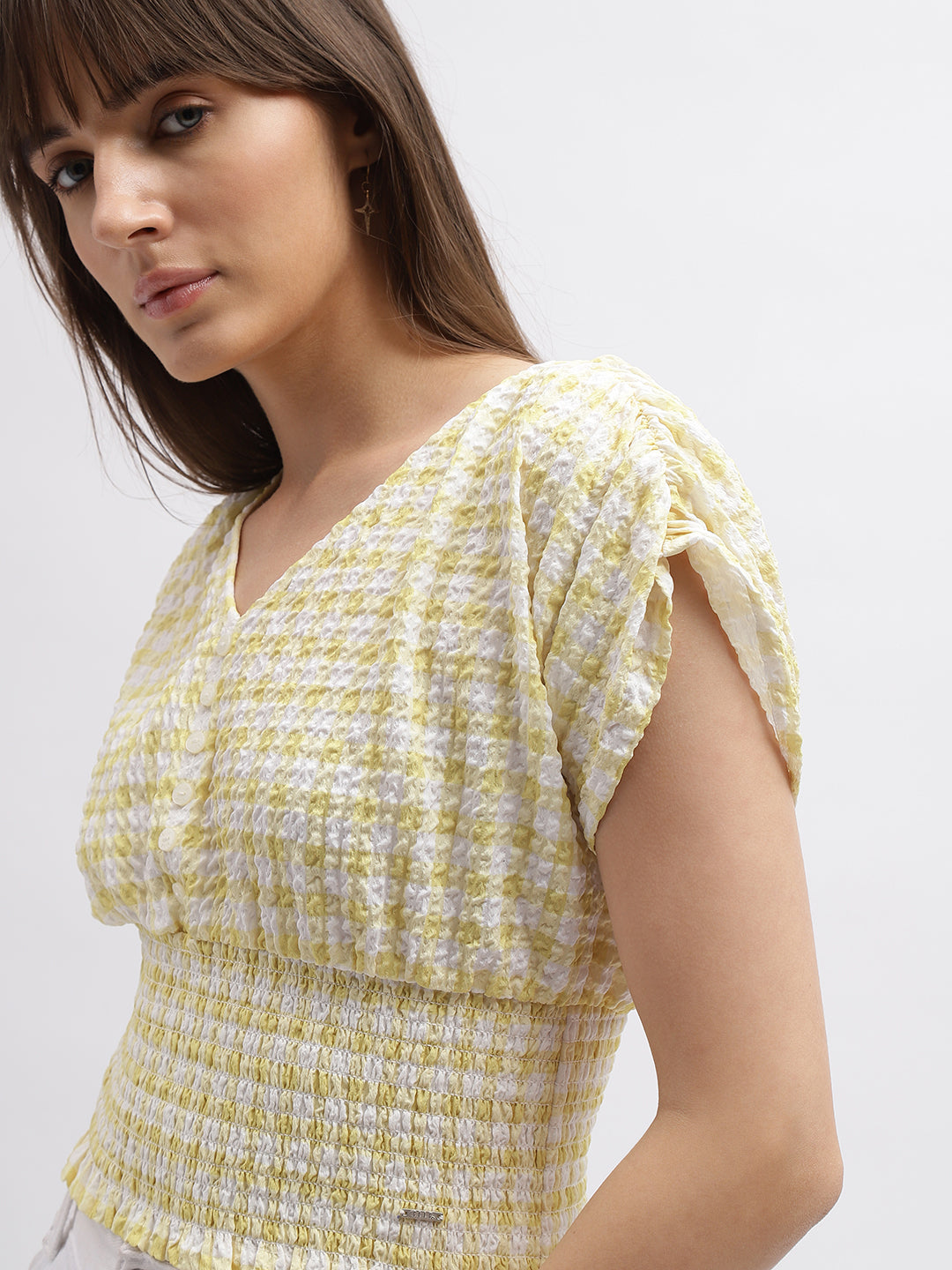 Elle Women Yellow Checked V-Neck Short Sleeves Top