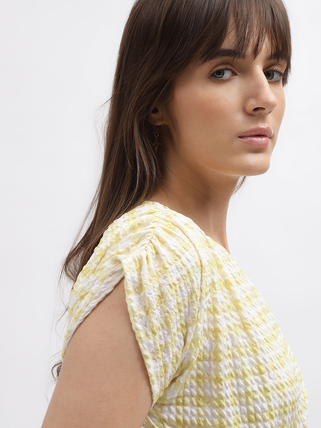 Elle Women Yellow Checked V-Neck Short Sleeves Top