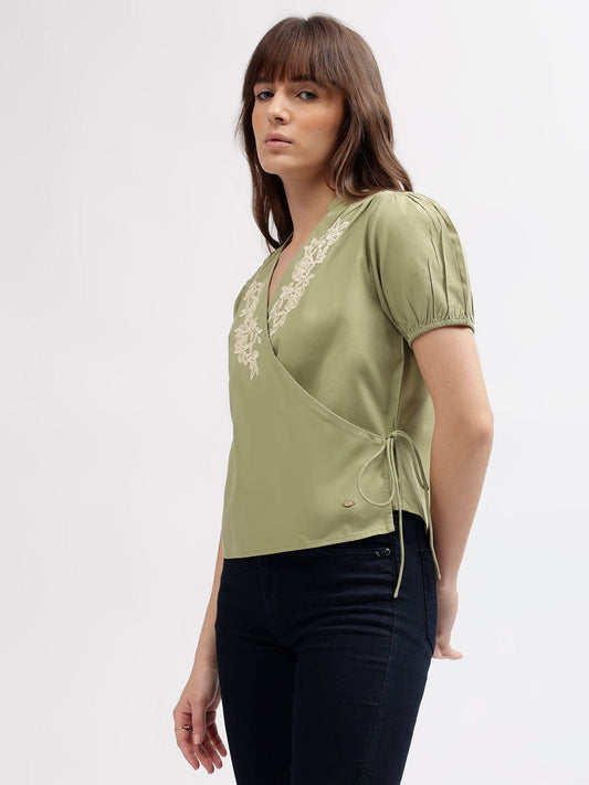 Elle Women Green V Neck Top