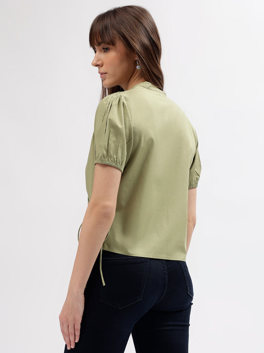 Elle Women Green Solid V Neck Short Sleeves Top