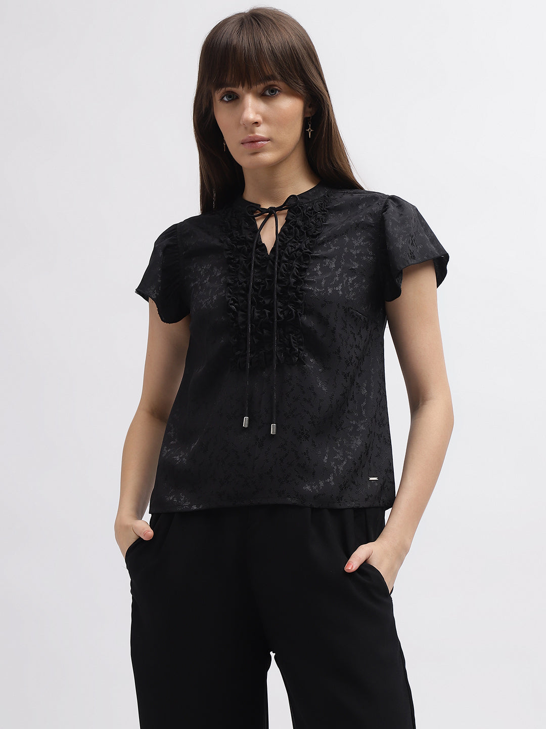 Elle Women Black Printed Band Collar Short Sleeves Top