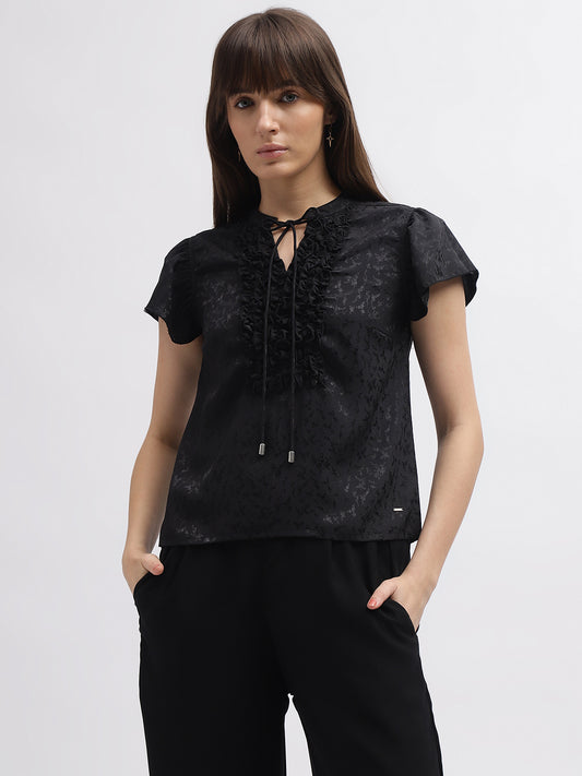 Elle Women Black Printed Band Collar Short Sleeves Top