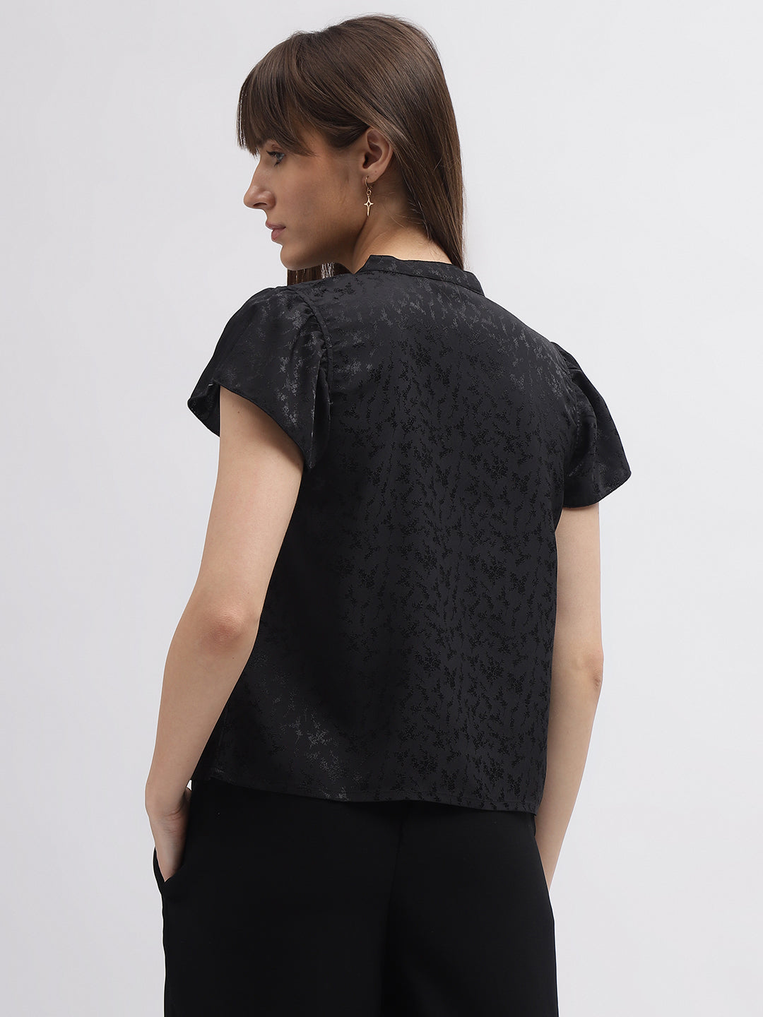 Elle Women Black Printed Band Collar Short Sleeves Top