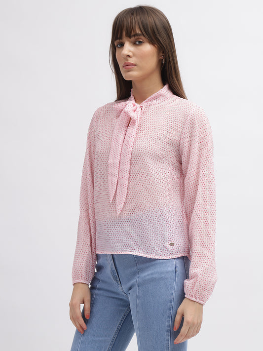 Elle Women Pink Printed Tie-Up Neck Full Sleeves Top