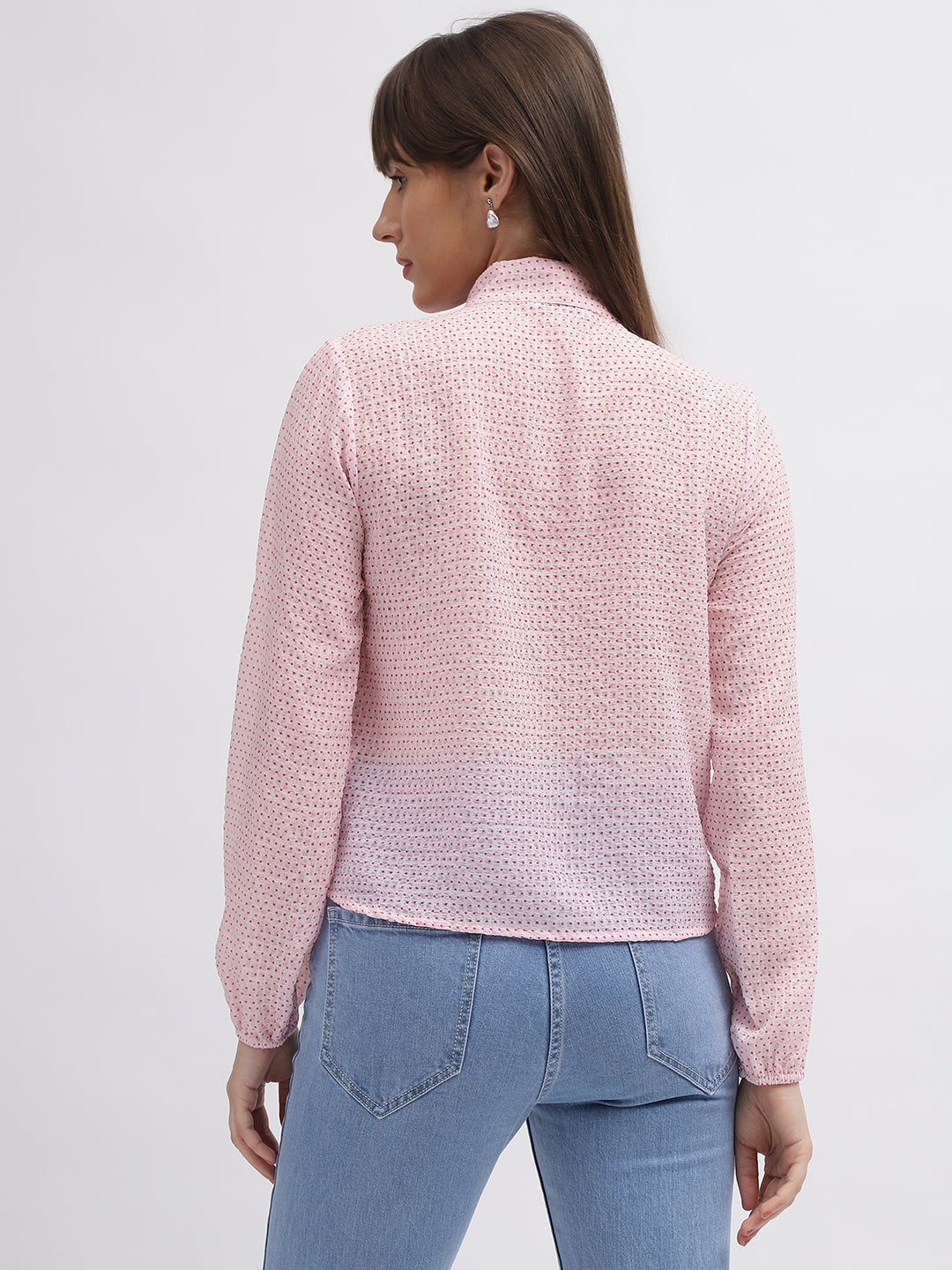 Elle Women Pink Printed Tie-Up Neck Full Sleeves Top