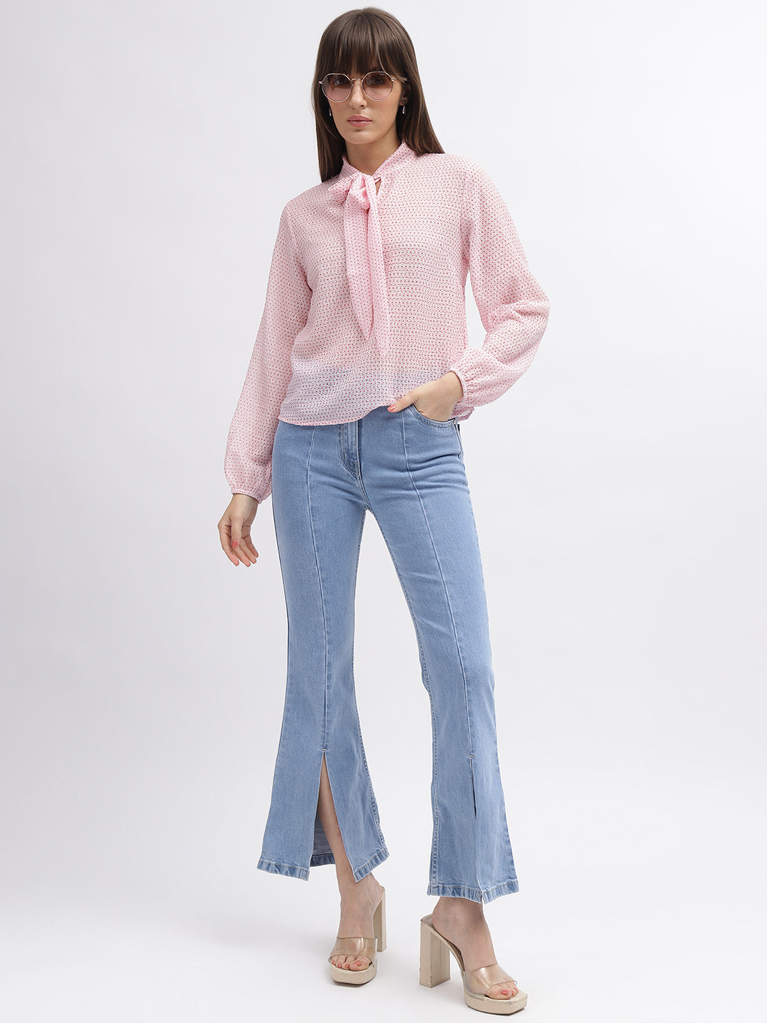 Elle Women Pink Printed Tie-Up Neck Full Sleeves Top