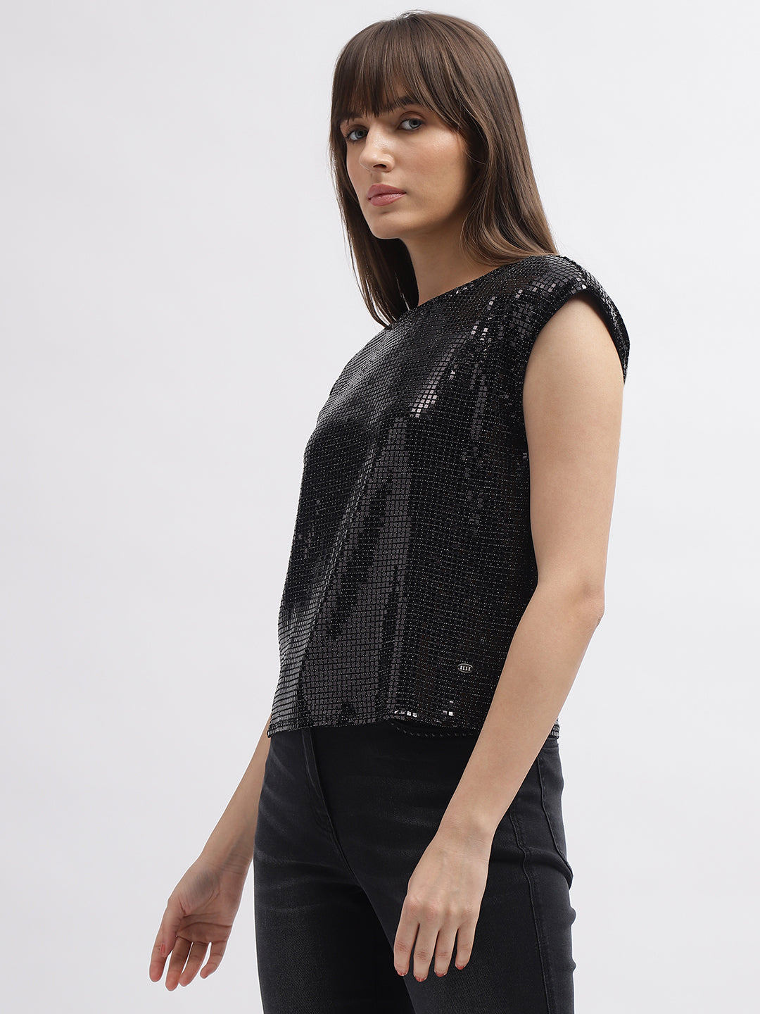 Elle Women Black Embellished Round Neck Short Sleeves Top