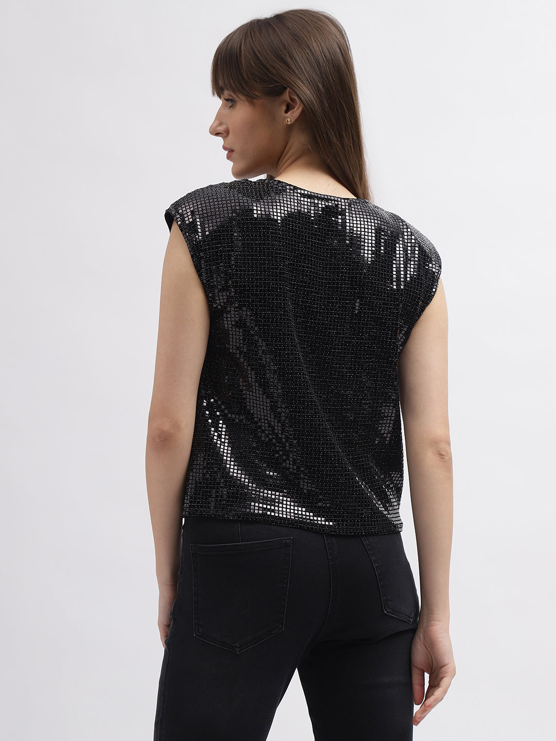 Elle Women Black Embellished Round Neck Short Sleeves Top