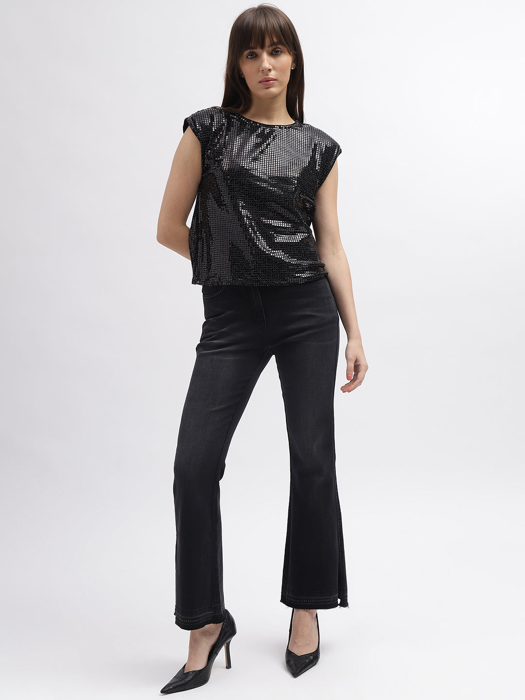 Elle Women Black Embellished Round Neck Short Sleeves Top