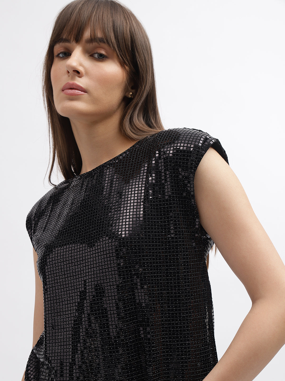 Elle Women Black Embellished Round Neck Short Sleeves Top