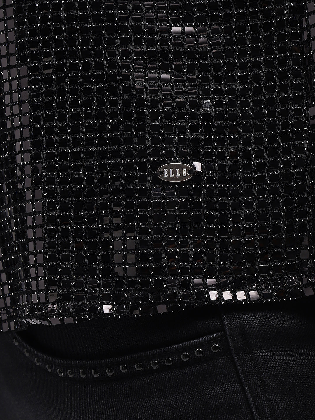 Elle Women Black Embellished Round Neck Short Sleeves Top