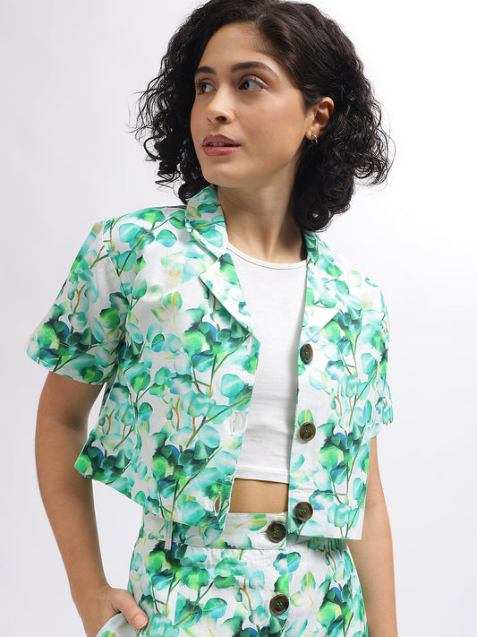 Elle Women Green Printed Cuban Collar Short Sleeves Top