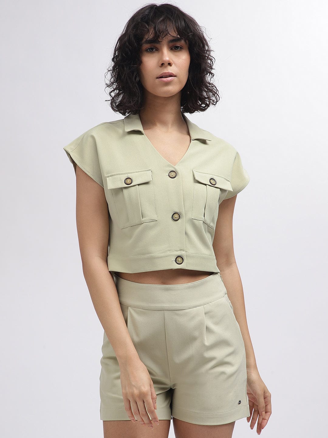 Elle Women Green Solid V-Neck Short Sleeves Top