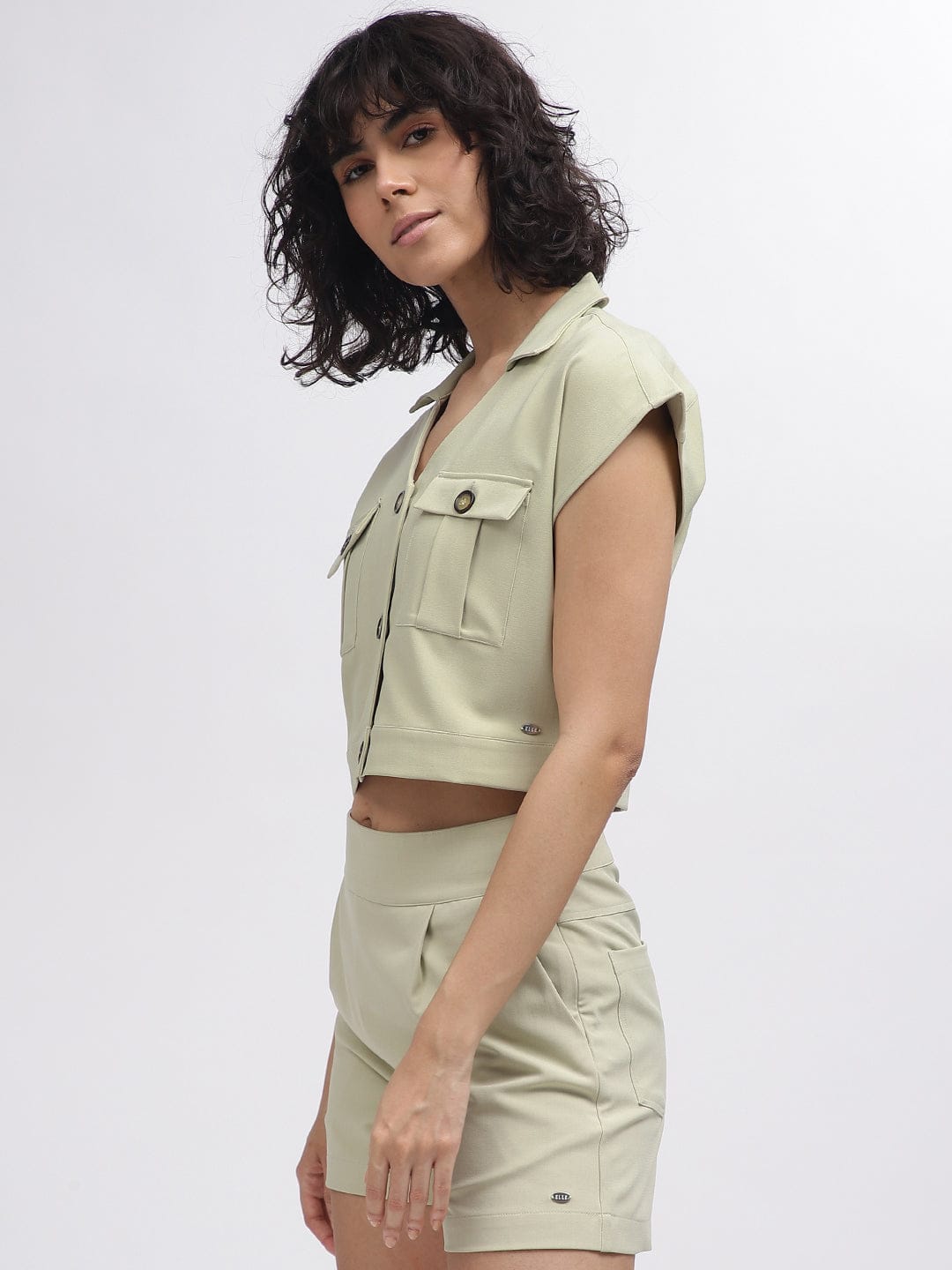 Elle Women Green Solid V-Neck Short Sleeves Top