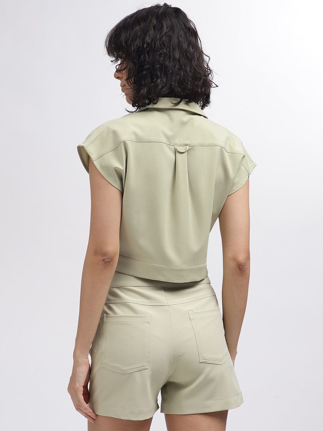 Elle Women Green Solid V-Neck Short Sleeves Top