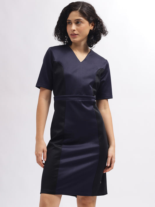 Iconic Women Navy Blue Colour Blocked V-Neck Short Sleeves Dress
