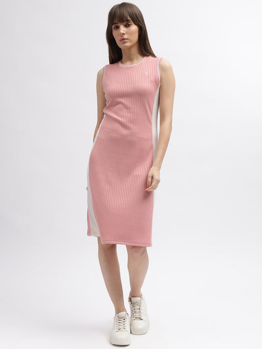 Iconic Women Pink Striped Round Neck Sleeveless Dress