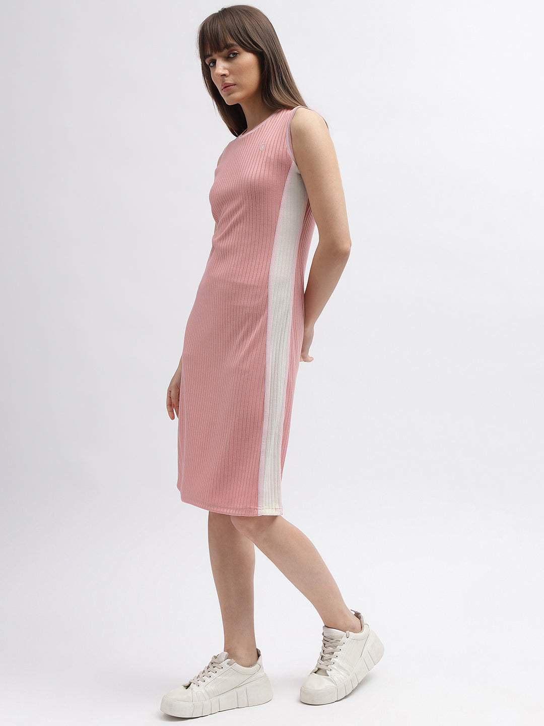 Iconic Women Pink Striped Round Neck Sleeveless Dress