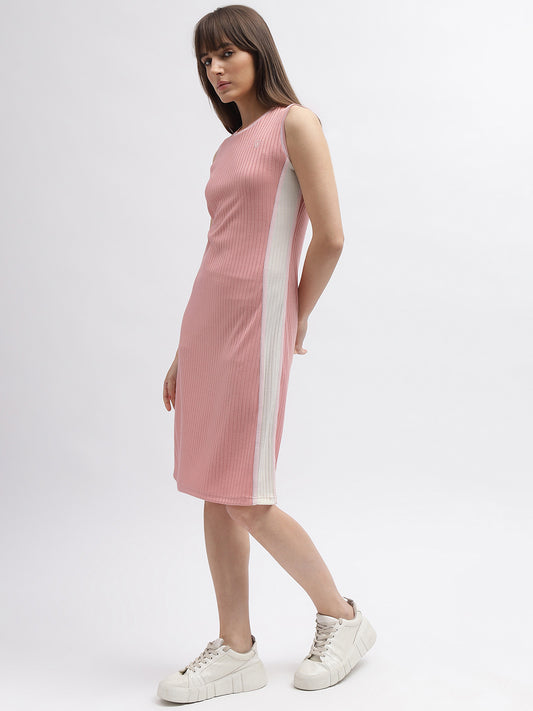 Iconic Women Pink Striped Round Neck Sleeveless Dress