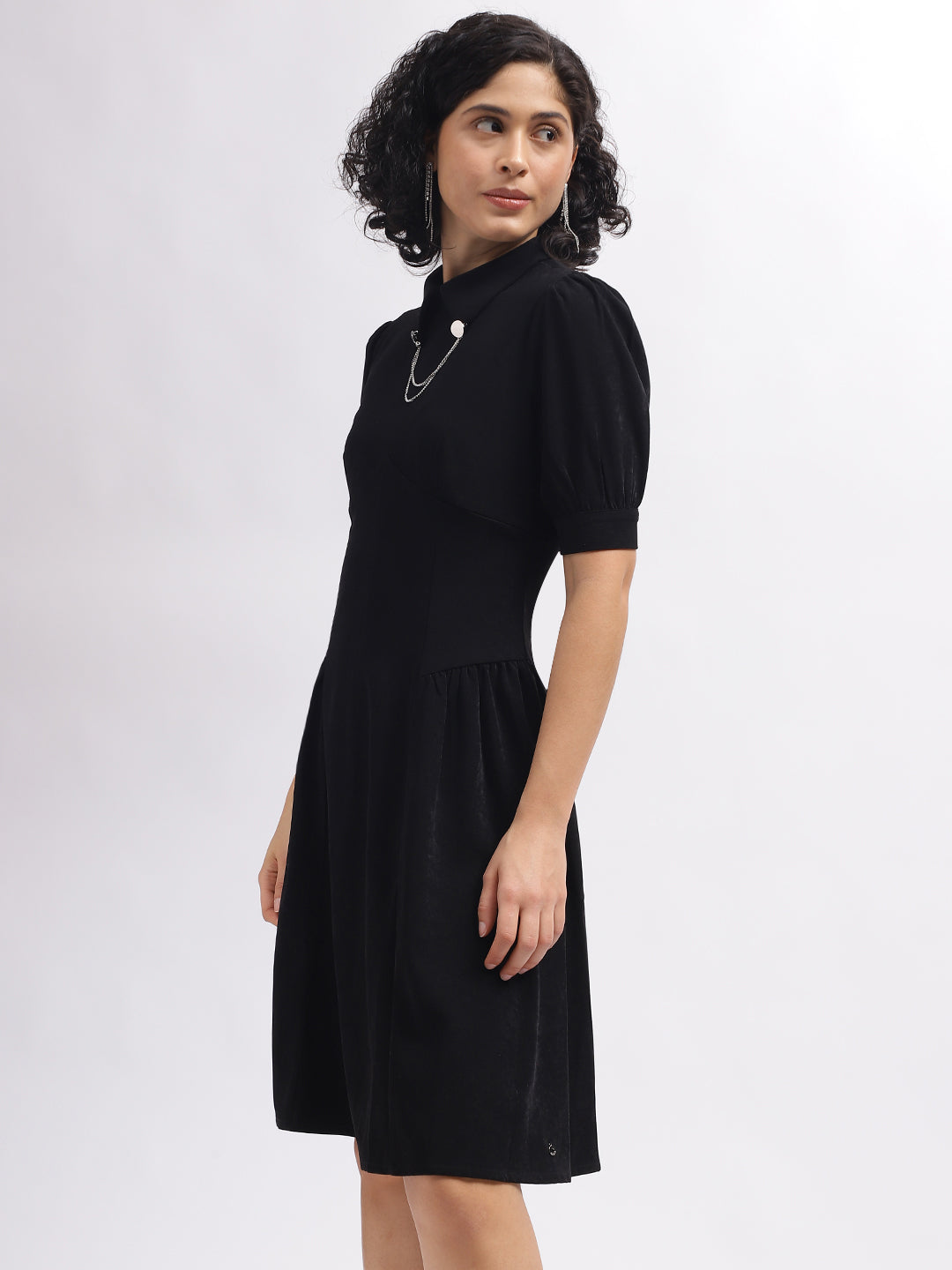 Iconic Women Black Solid Shirt Collar Short Sleeves Dress