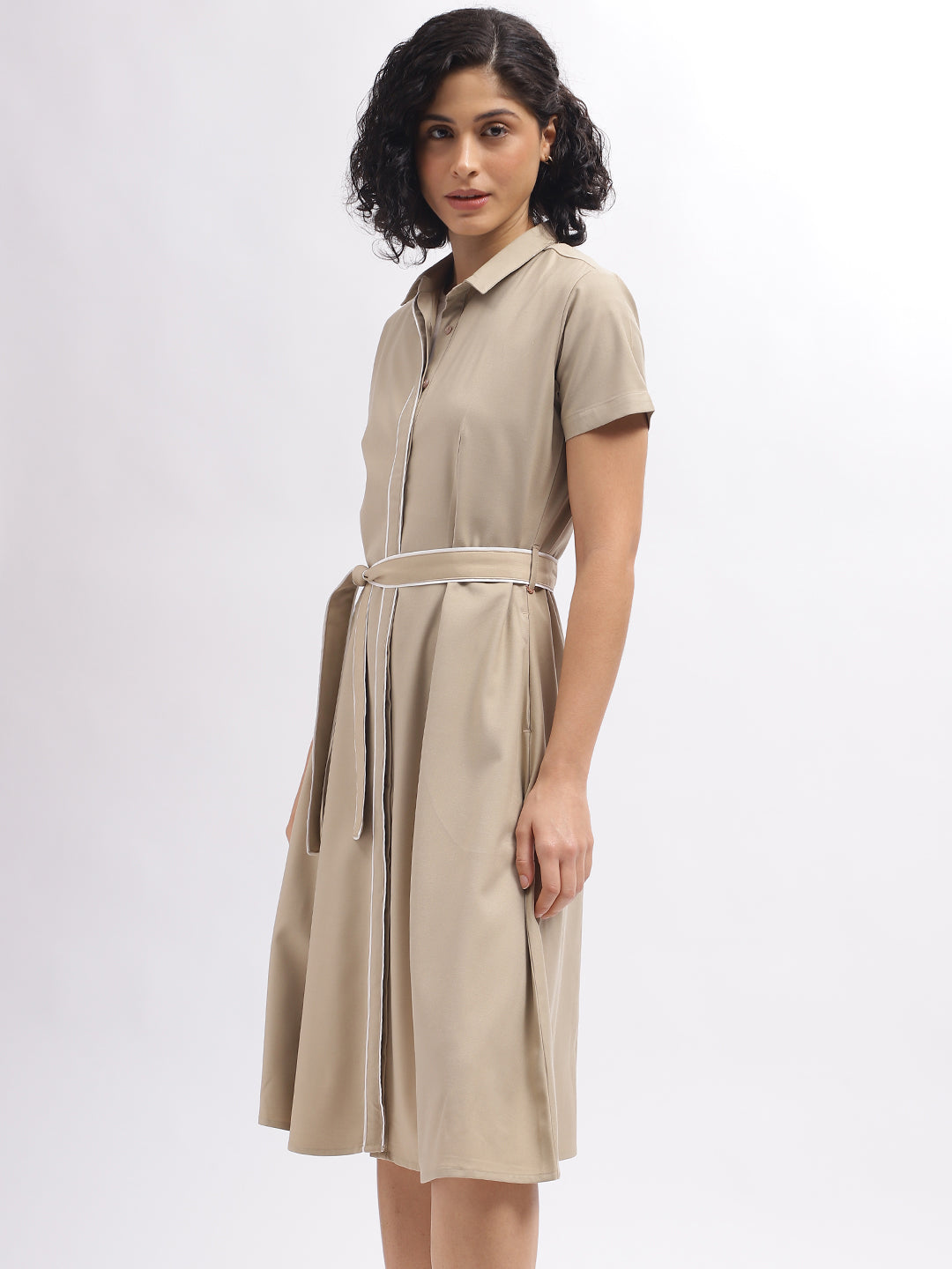 Iconic Women Beige Solid Shirt Collar Short Sleeves Dress