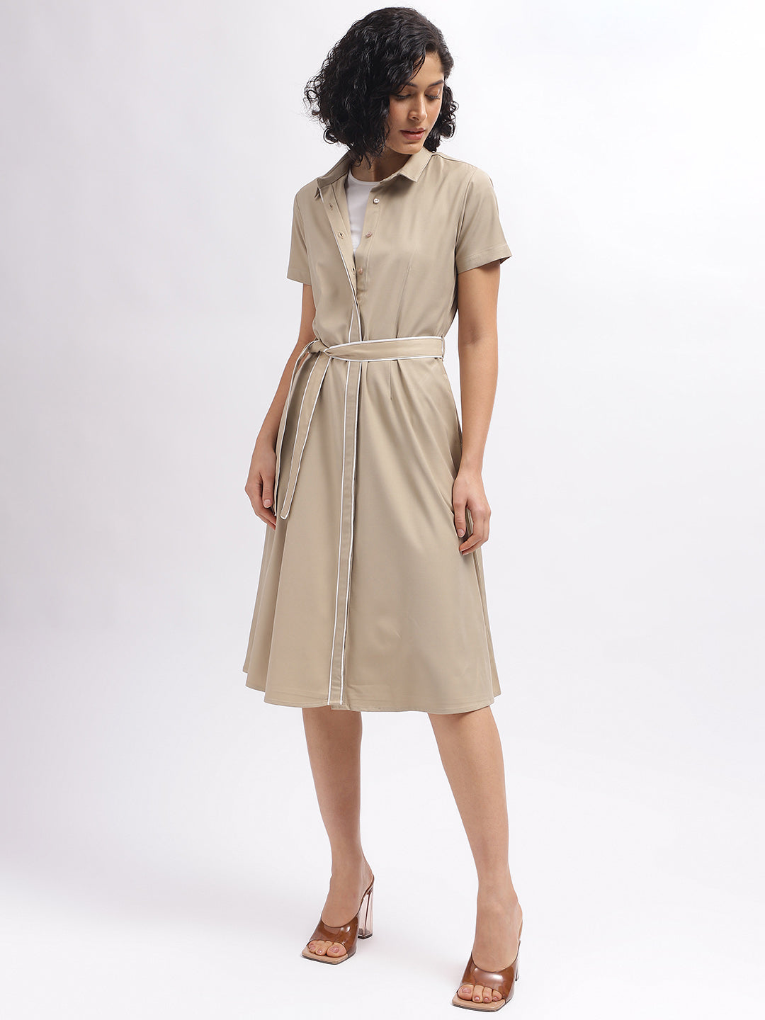 Iconic Women Beige Solid Shirt Collar Short Sleeves Dress