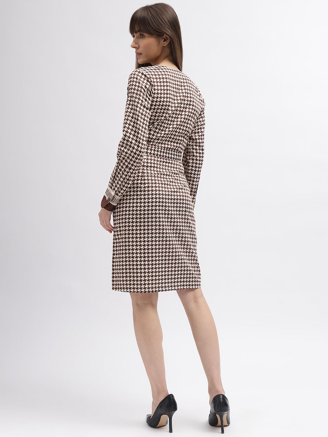 Iconic Women Brown Checked V-Neck Full Sleeves Dress