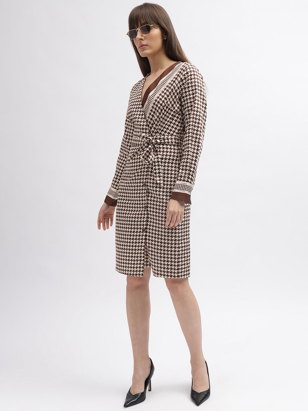 Iconic Women Brown Checked V-Neck Full Sleeves Dress