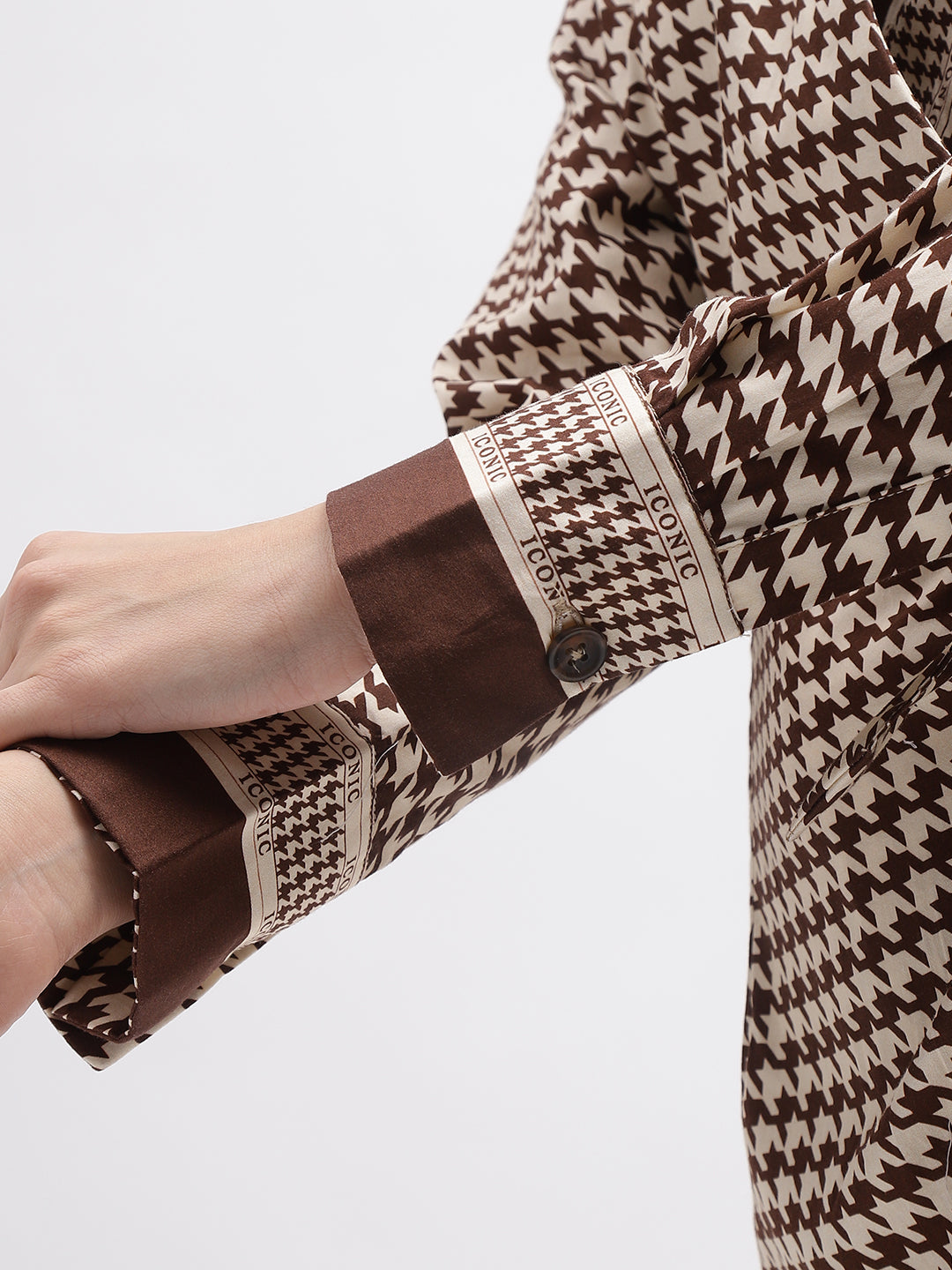 Iconic Women Brown Checked V-Neck Full Sleeves Dress