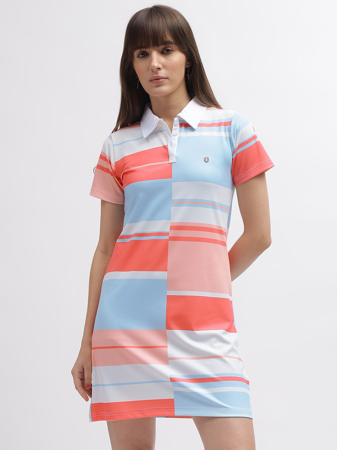 Iconic Women Multi Colour blocked Shirt Collar Short Sleeves Dress