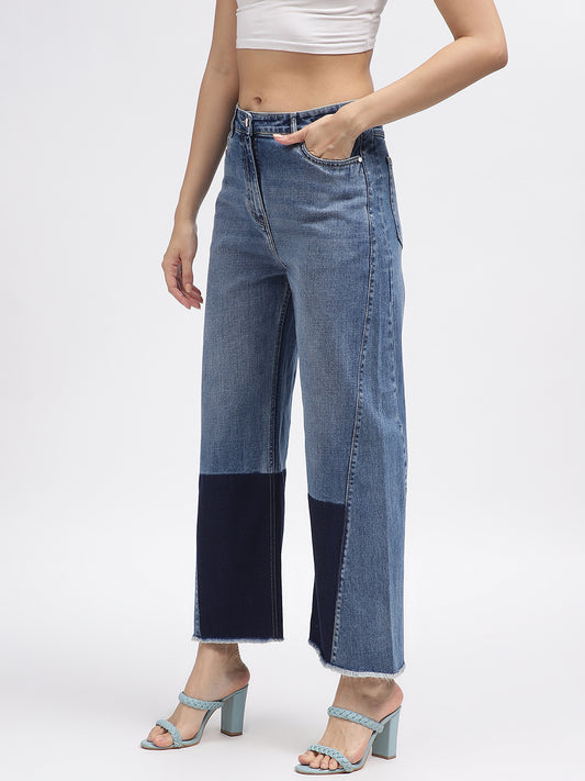 Iconic Women Blue Colour Blocked Flared Jeans