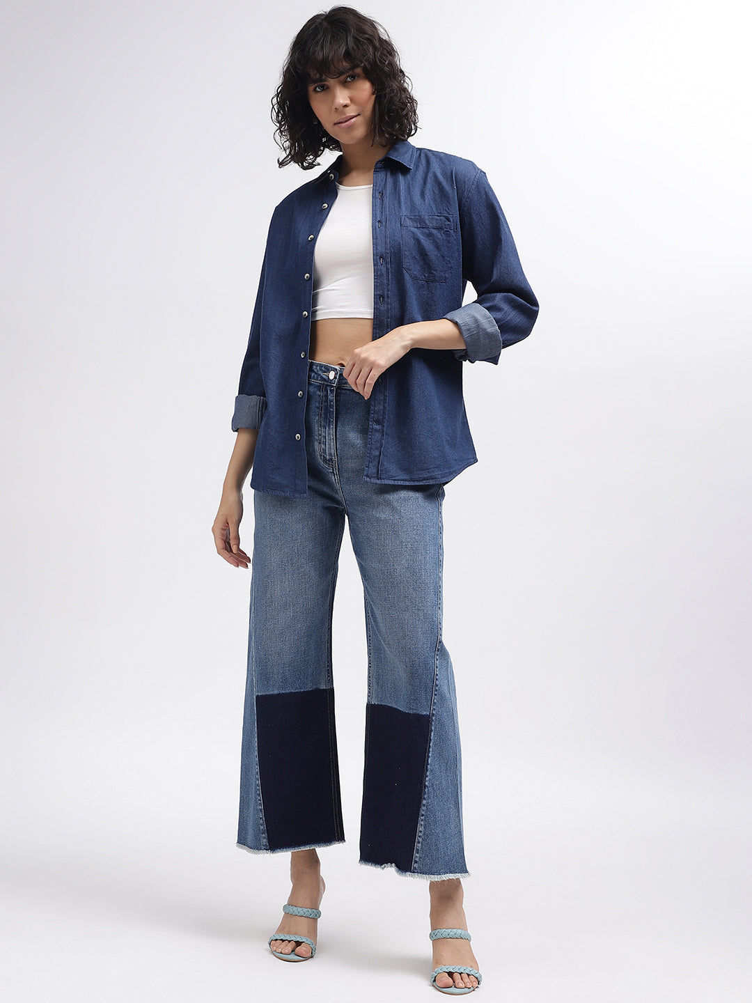 Iconic Women Blue Colour Blocked Flared Jeans
