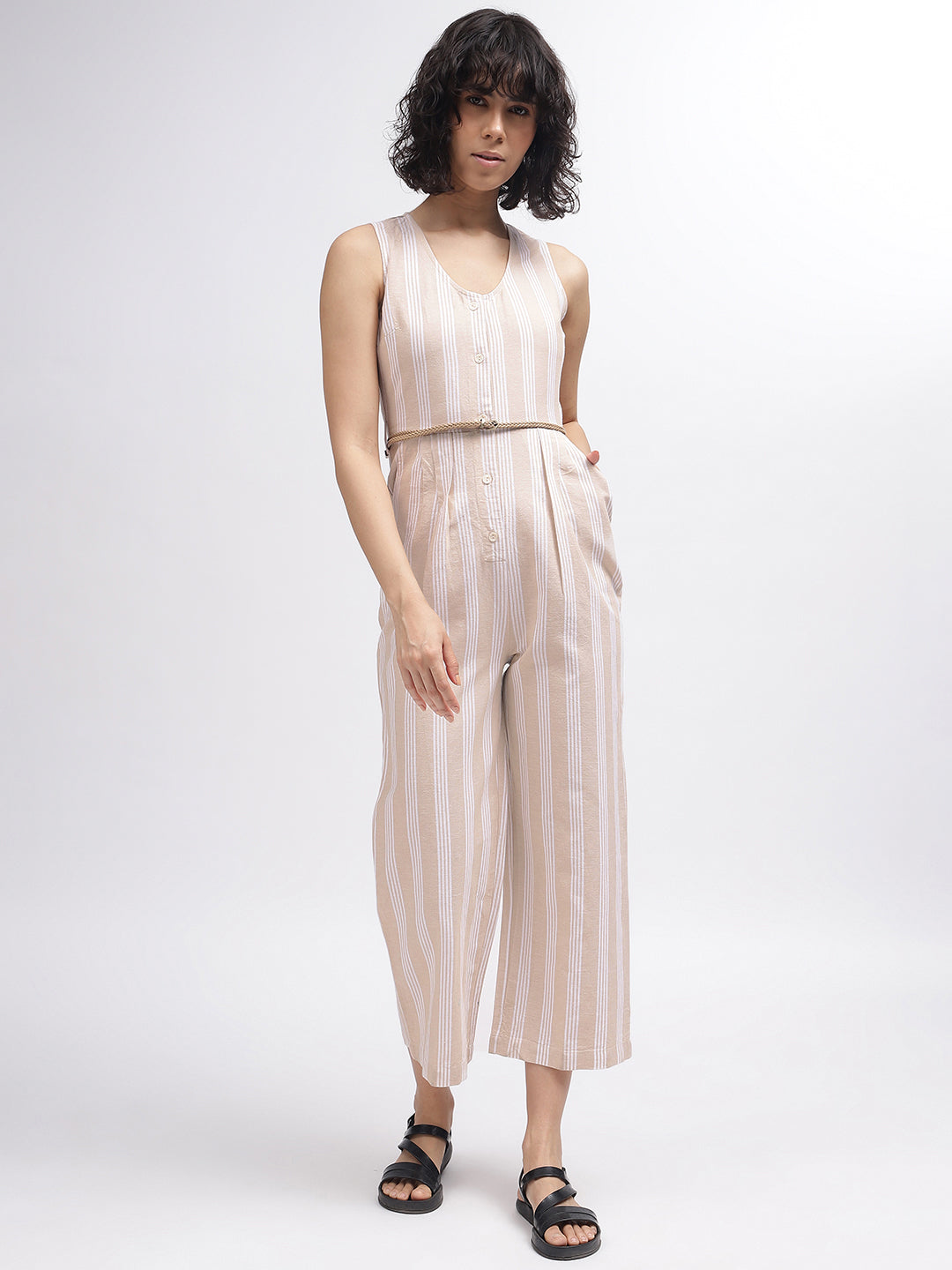 Iconic Women Beige Striped V-Neck Sleeveless Jumpsuit