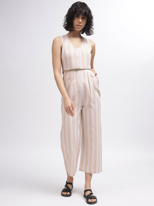 Iconic Women Beige Striped V-Neck Sleeveless Jumpsuit