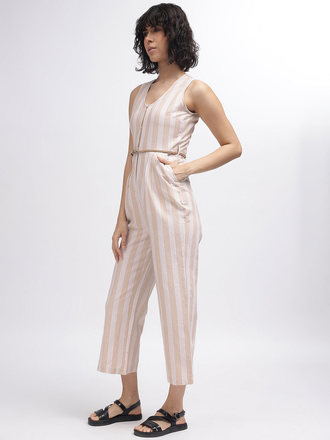Iconic Women Beige Striped V-Neck Sleeveless Jumpsuit