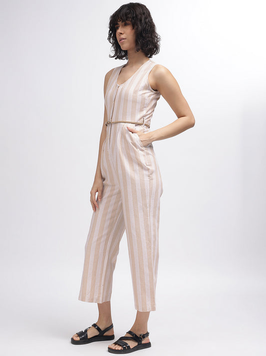 Iconic Women Beige Striped V-Neck Sleeveless Jumpsuit