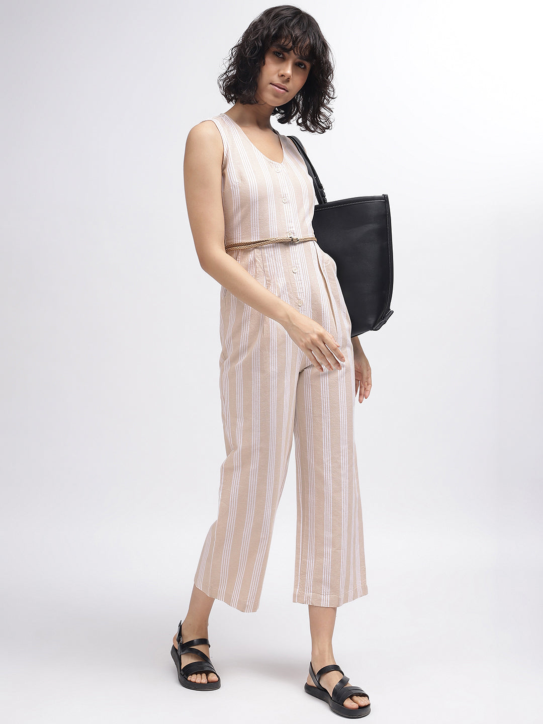 Iconic Women Beige Striped V-Neck Sleeveless Jumpsuit