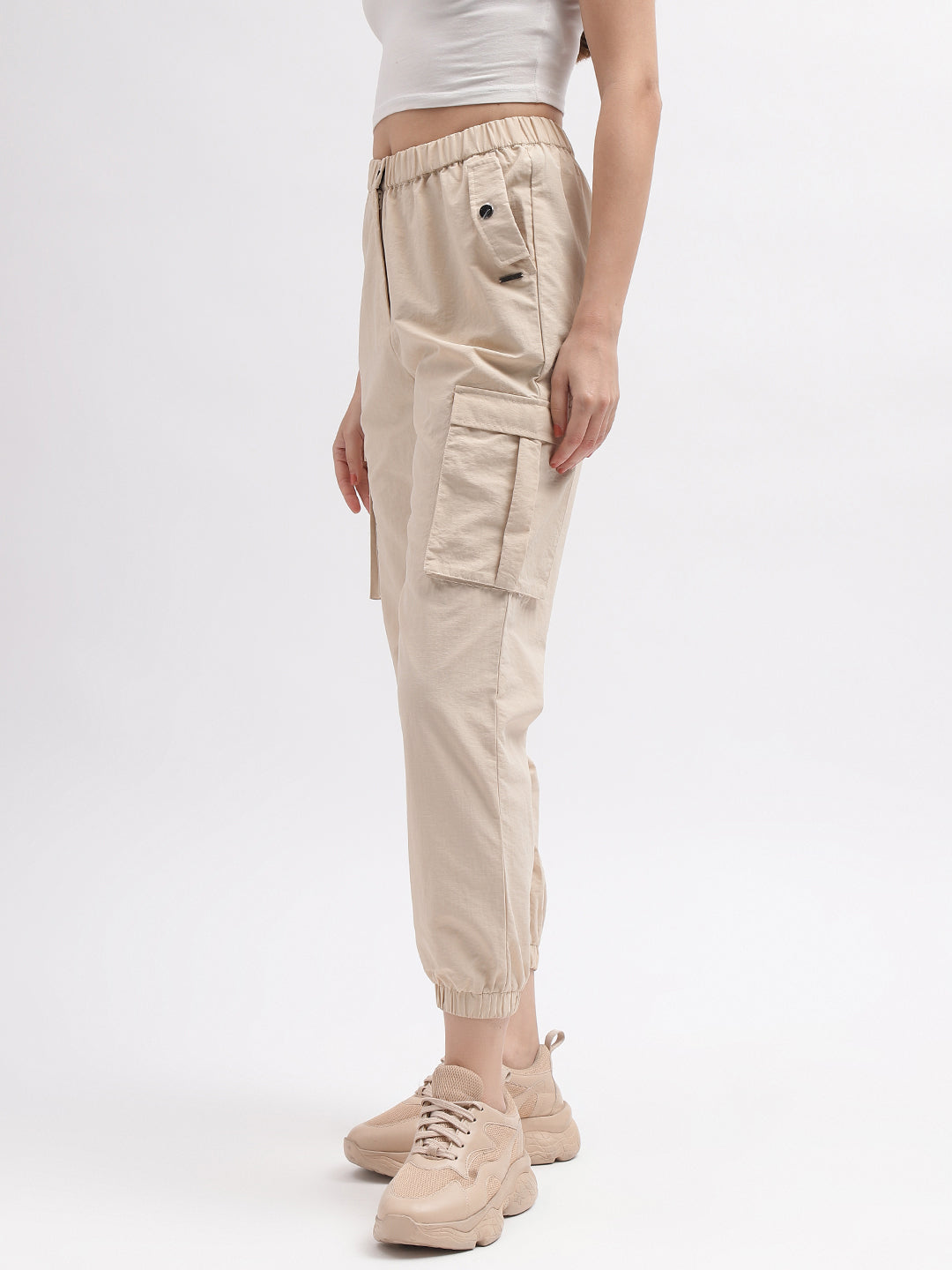 Iconic Women Beige Solid Regular Fit Mid-Rise Trouser