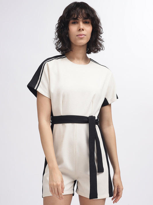 Iconic Women Black Colour Blocked Round Neck Short Sleeves Playsuit