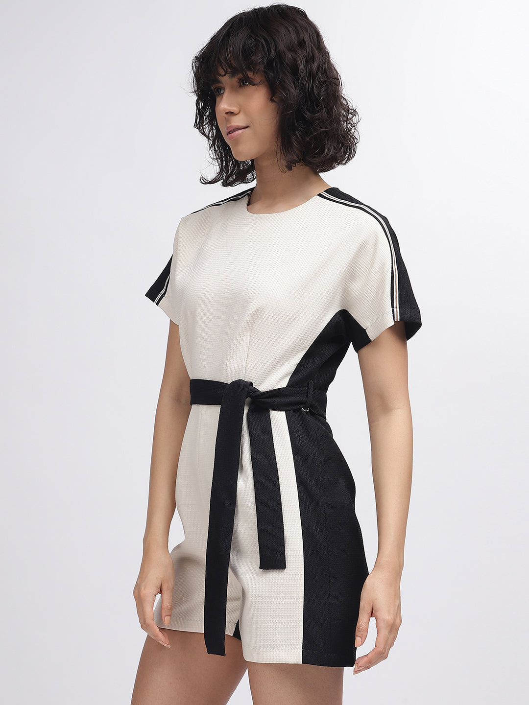 Iconic Women Black Colour Blocked Round Neck Short Sleeves Playsuit