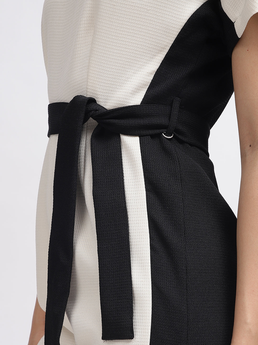 Iconic Women Black Colour Blocked Round Neck Short Sleeves Playsuit