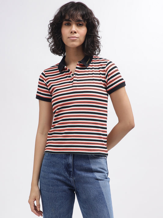 Iconic Women Multi Striped Polo Collar Short Sleeves T-Shirt